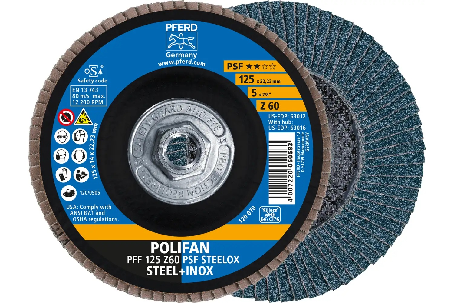 Picture of Pferd Flap Disc, 5" x 5/8-11, Z PSF Steelox, 60 Grit, T27, Flat, Zirconia